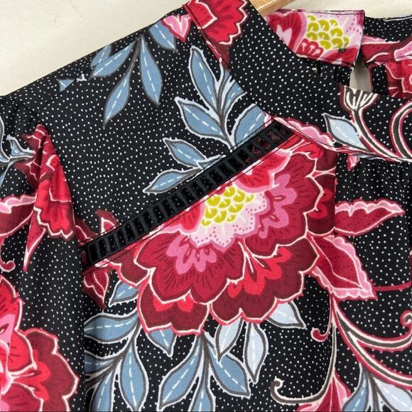 Loft Blouse XS NEW black red floral dotted high neck bell sleeve tropical beach - Picture 4 of 9